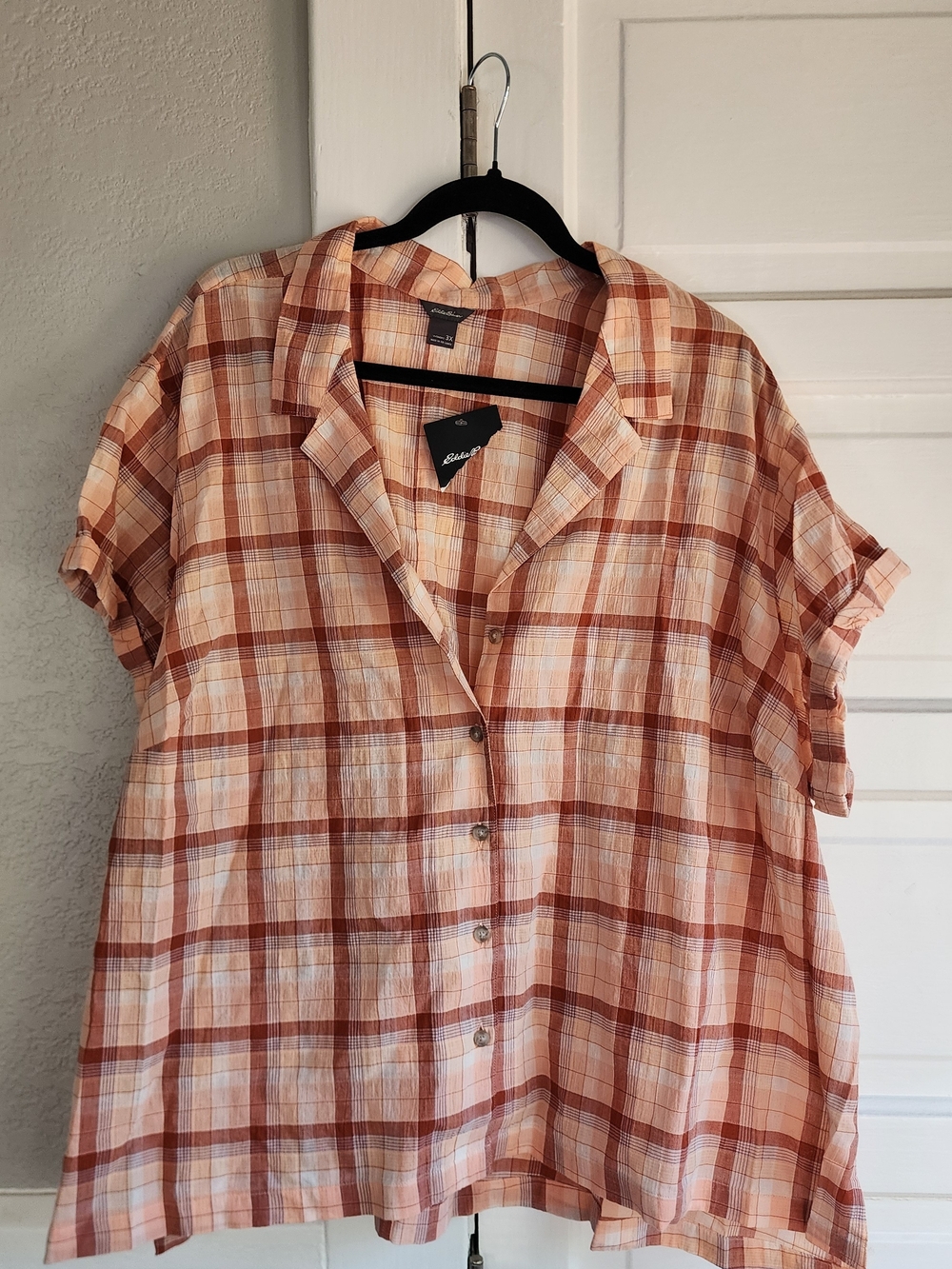 Eddie Bauer Women's Peach Plaid Button-Up Shirt